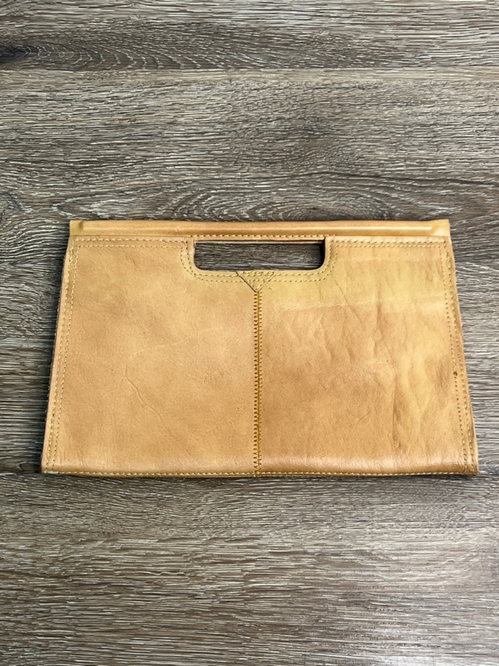 Vintage Tan Genuine Leather Clutch Handbag Cutout Handle Minimalist Boho